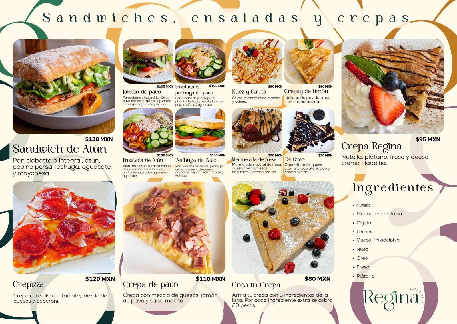 Menú Sándwiches, Ensaladas y Crepas Regina Café